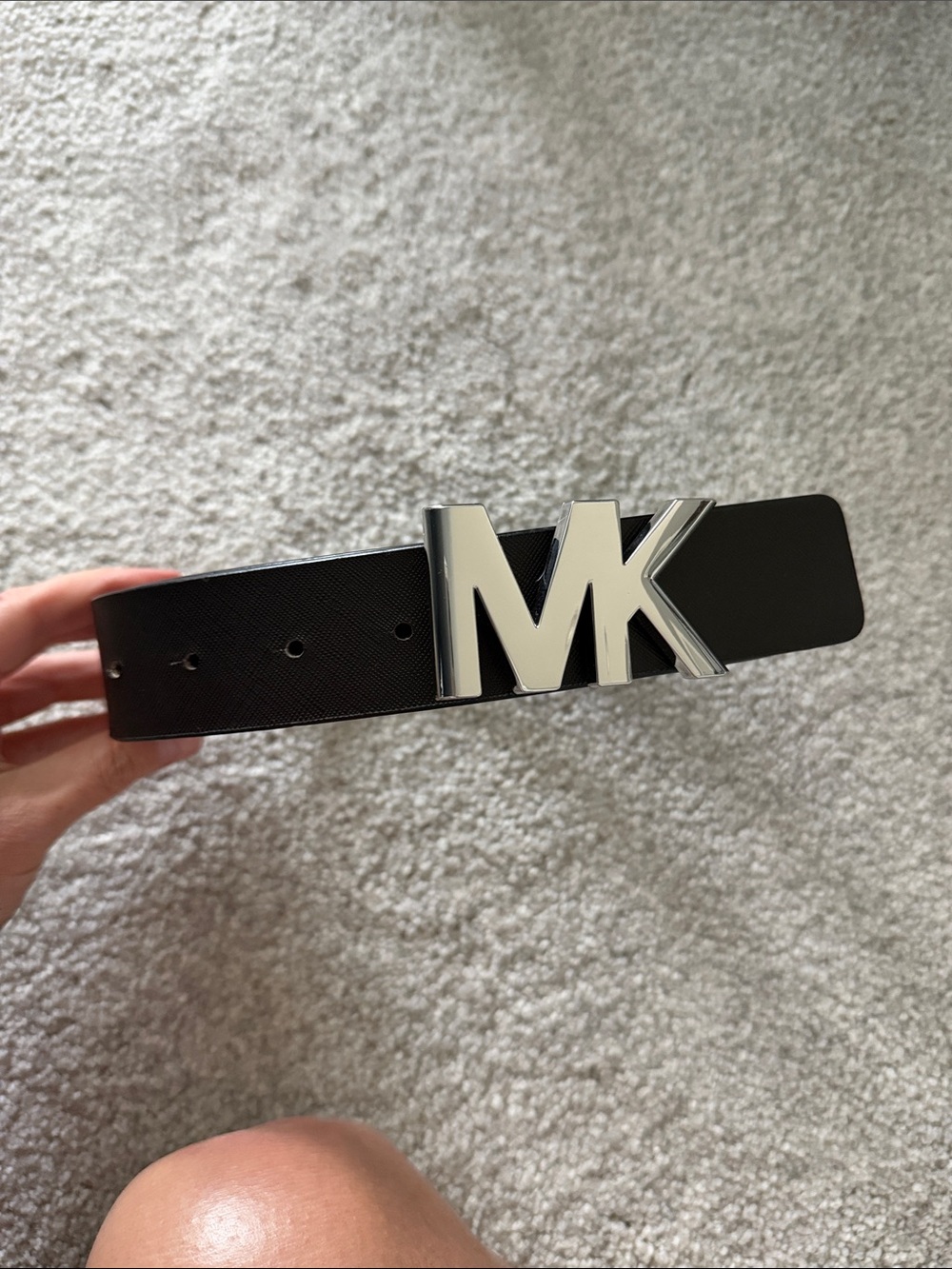 Michael Kors Black Leather Belt with Silver MK Logo Buckle